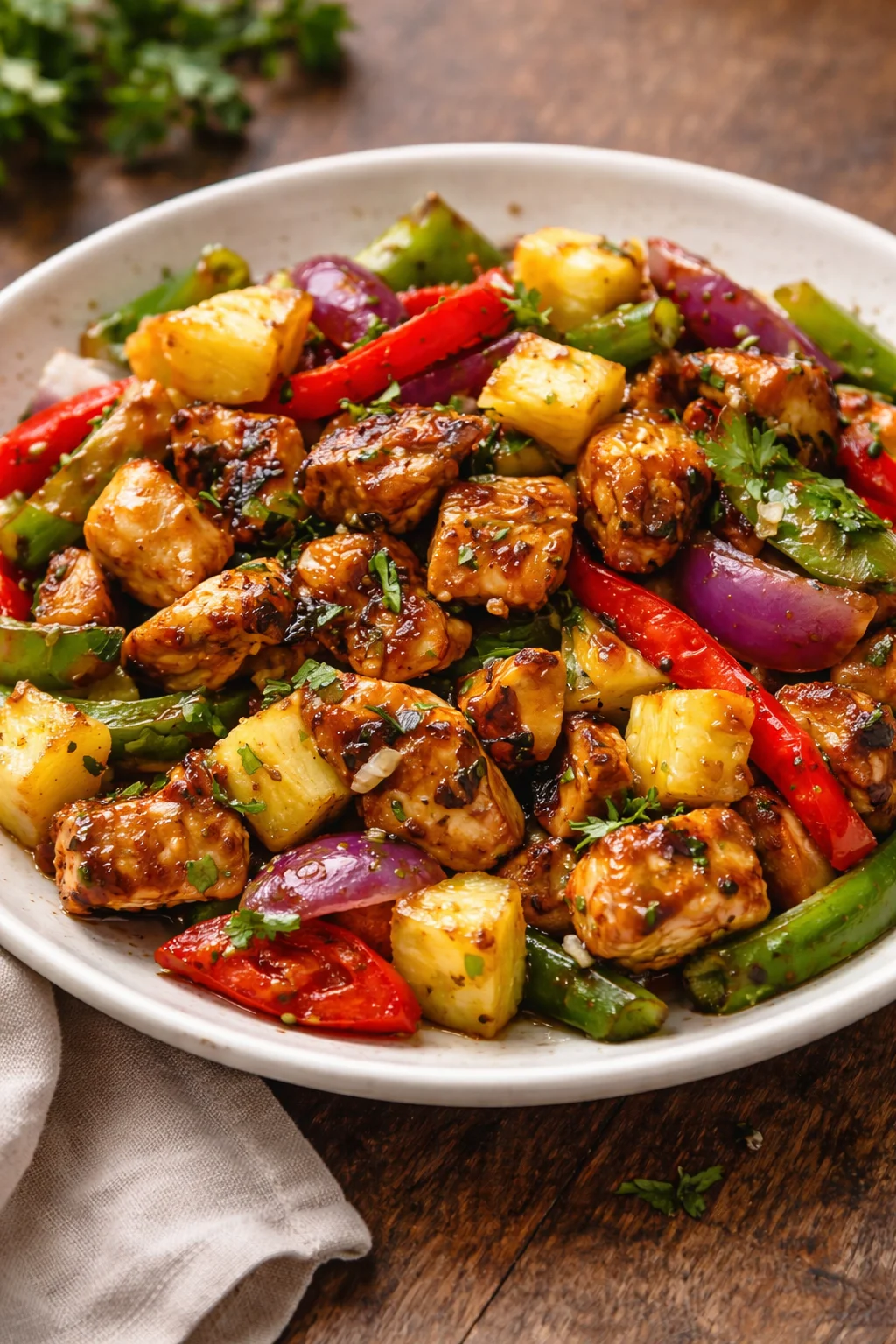 Hawaiian Chicken Sheet Pan meal featuring chicken, pineapple, and vegetables