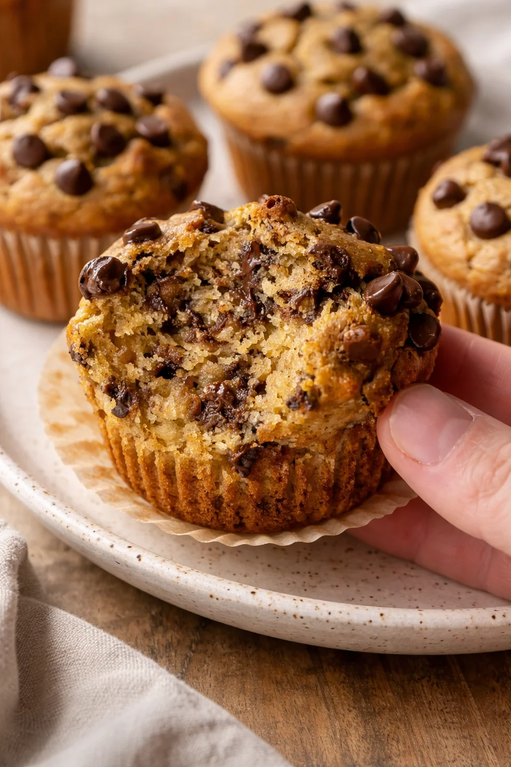 Healthy peanut butter banana muffins freshly baked and served on a plate.