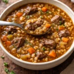 A bowl of hearty stovetop beef and barley soup with fresh herbs.