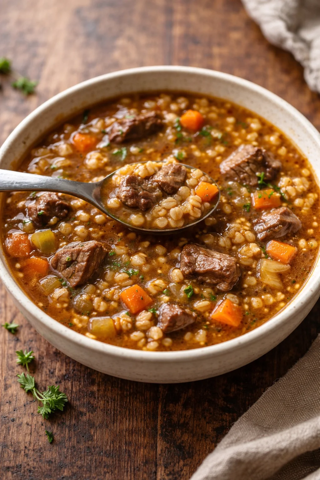 A bowl of hearty stovetop beef and barley soup with fresh herbs.