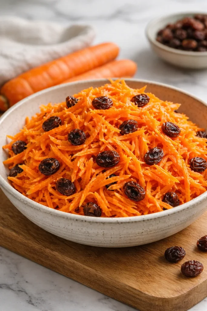 Delicious homemade carrot raisin salad served in a bowl