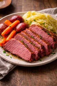 Delicious homemade corned beef and cabbage dish served on a plate