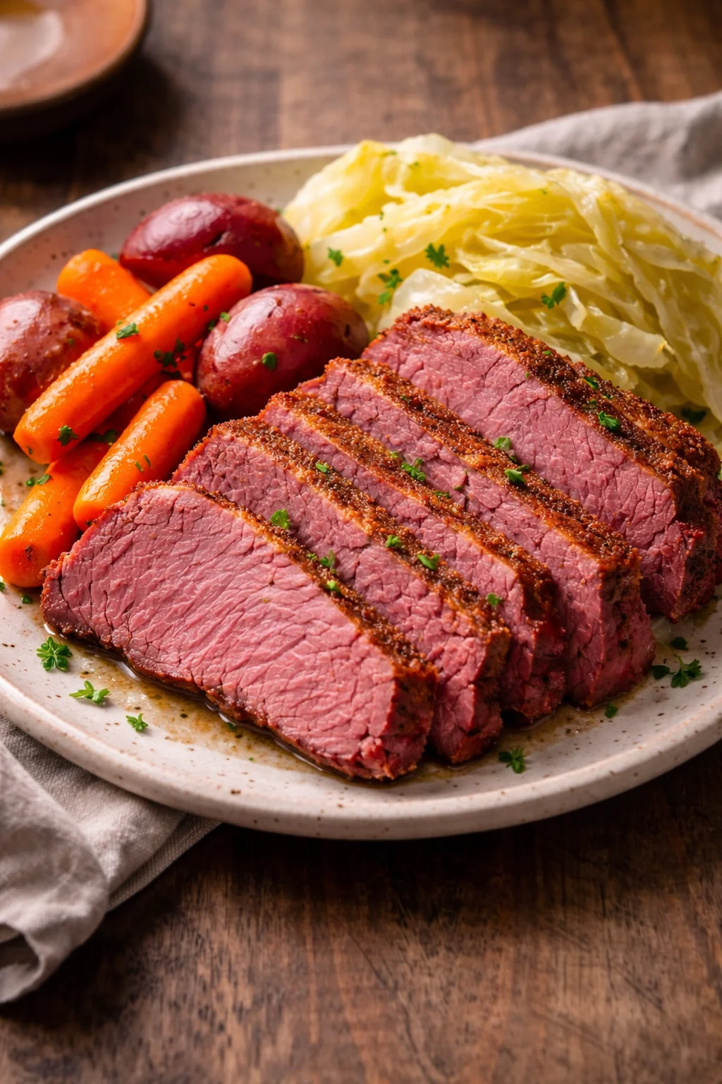 Delicious homemade corned beef and cabbage dish served on a plate