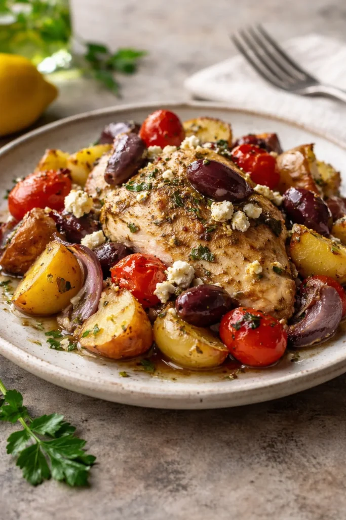 Homemade Greek Chicken foil packets with vegetables and herbs