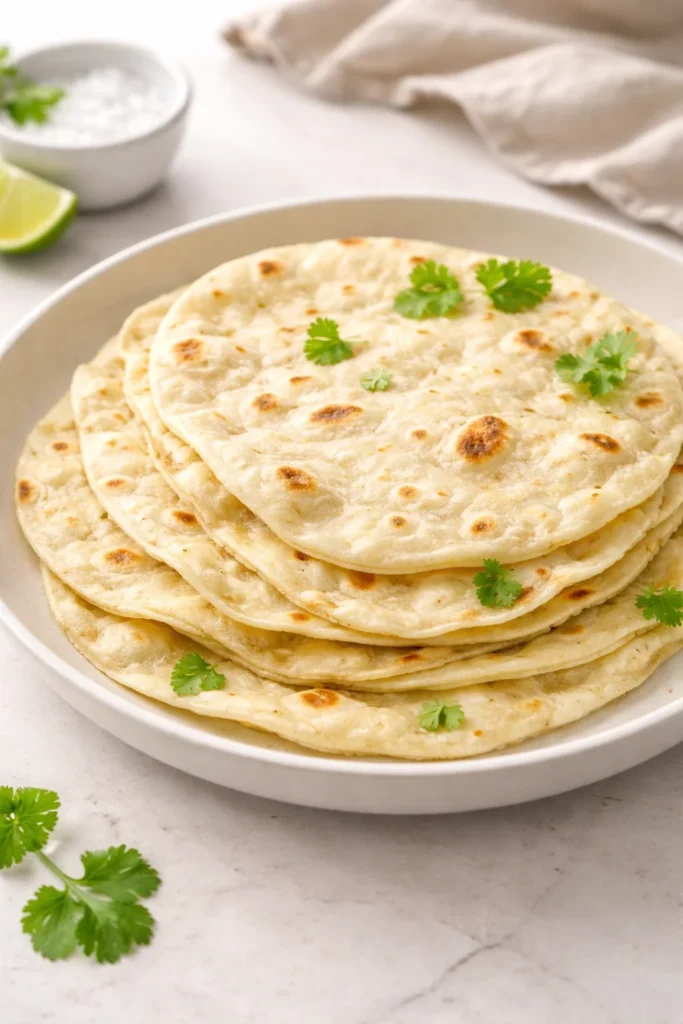 Homemade sourdough tortillas on a wooden surface with ingredients.