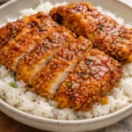 Plate of honey garlic crispy chicken garnished with herbs and served with side dishes