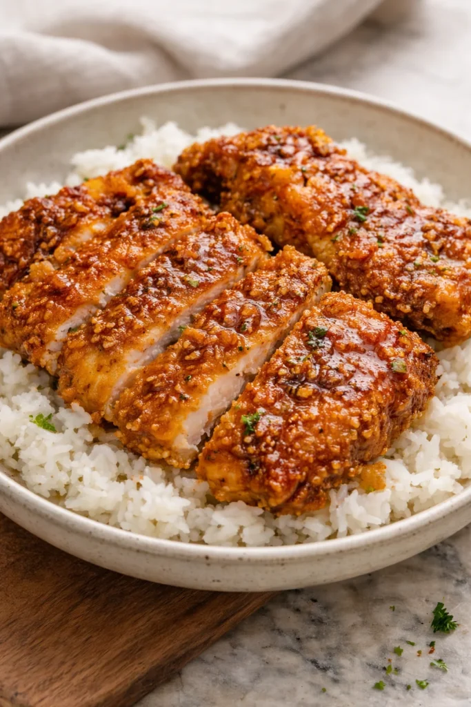 Plate of honey garlic crispy chicken garnished with herbs and served with side dishes