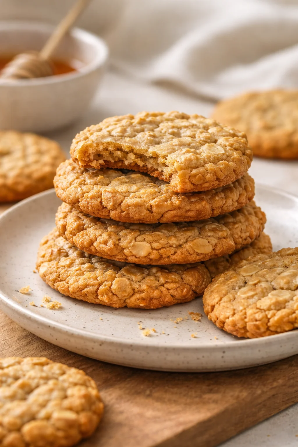 Freshly baked honey oatmeal cookies on a cooling rack