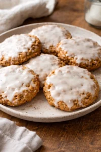 Delicious iced oatmeal cookies with a smooth icing on top, perfect treat.