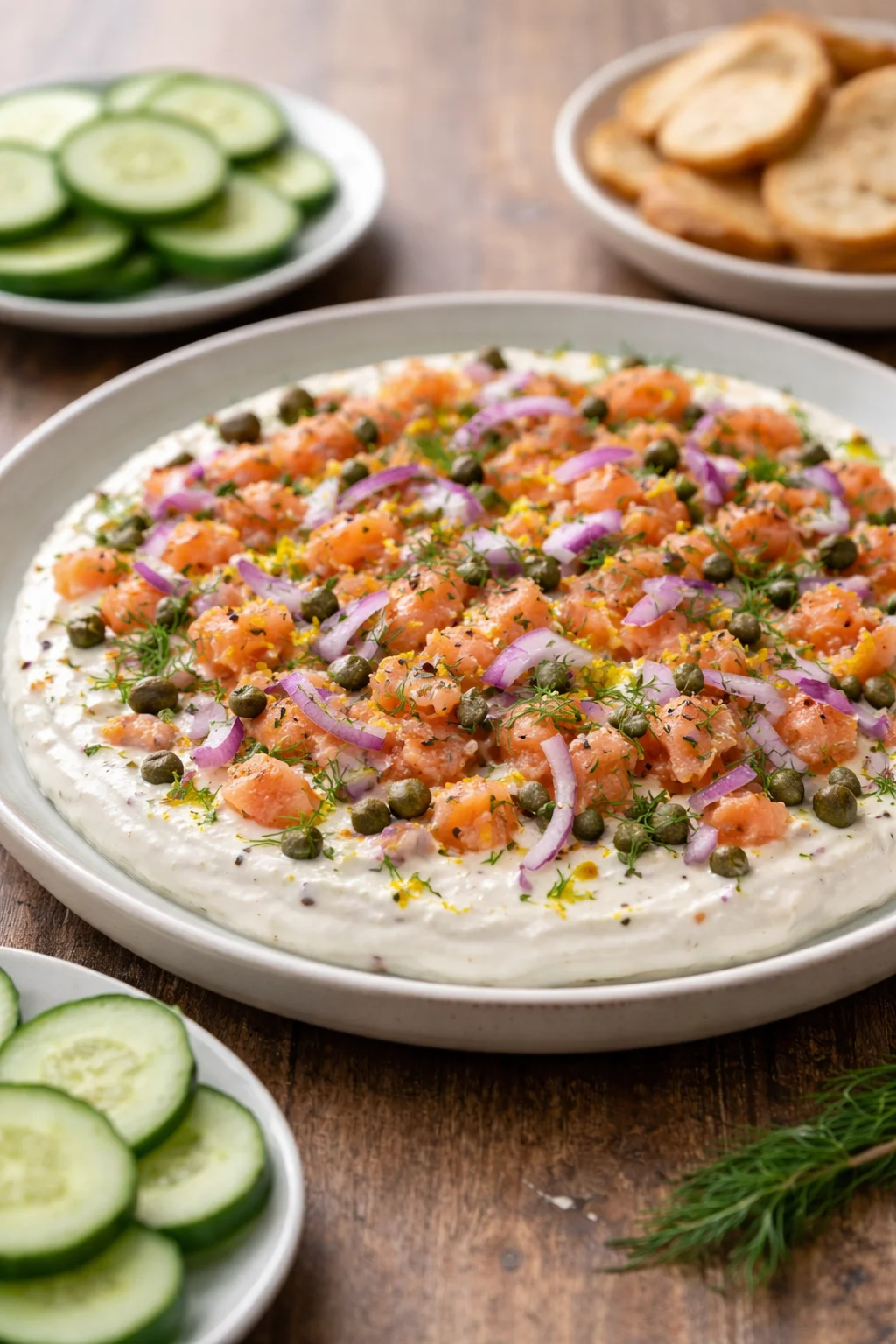 Delicious smoked salmon dip served with bagels and fresh herbs