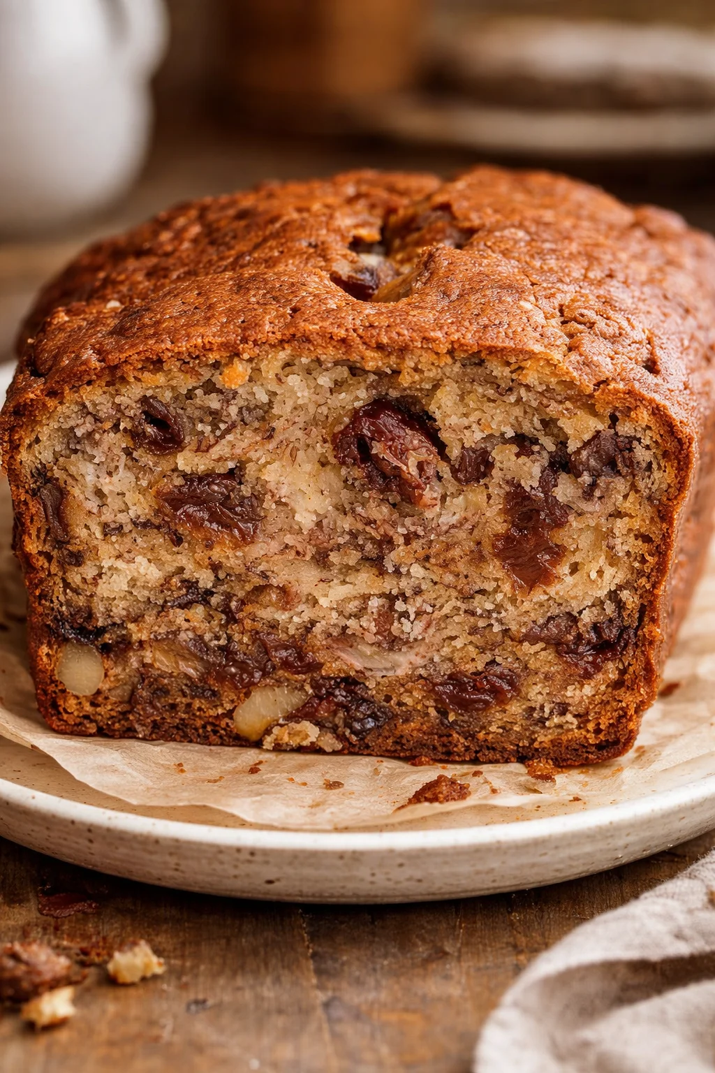 Moist banana bread slice on a wooden table with a banana beside it.