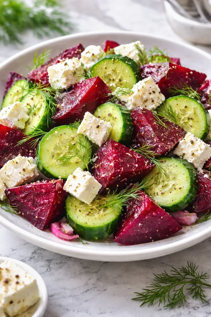 Delicious Beet Feta Salad with Cucumber and Dill served in a bowl