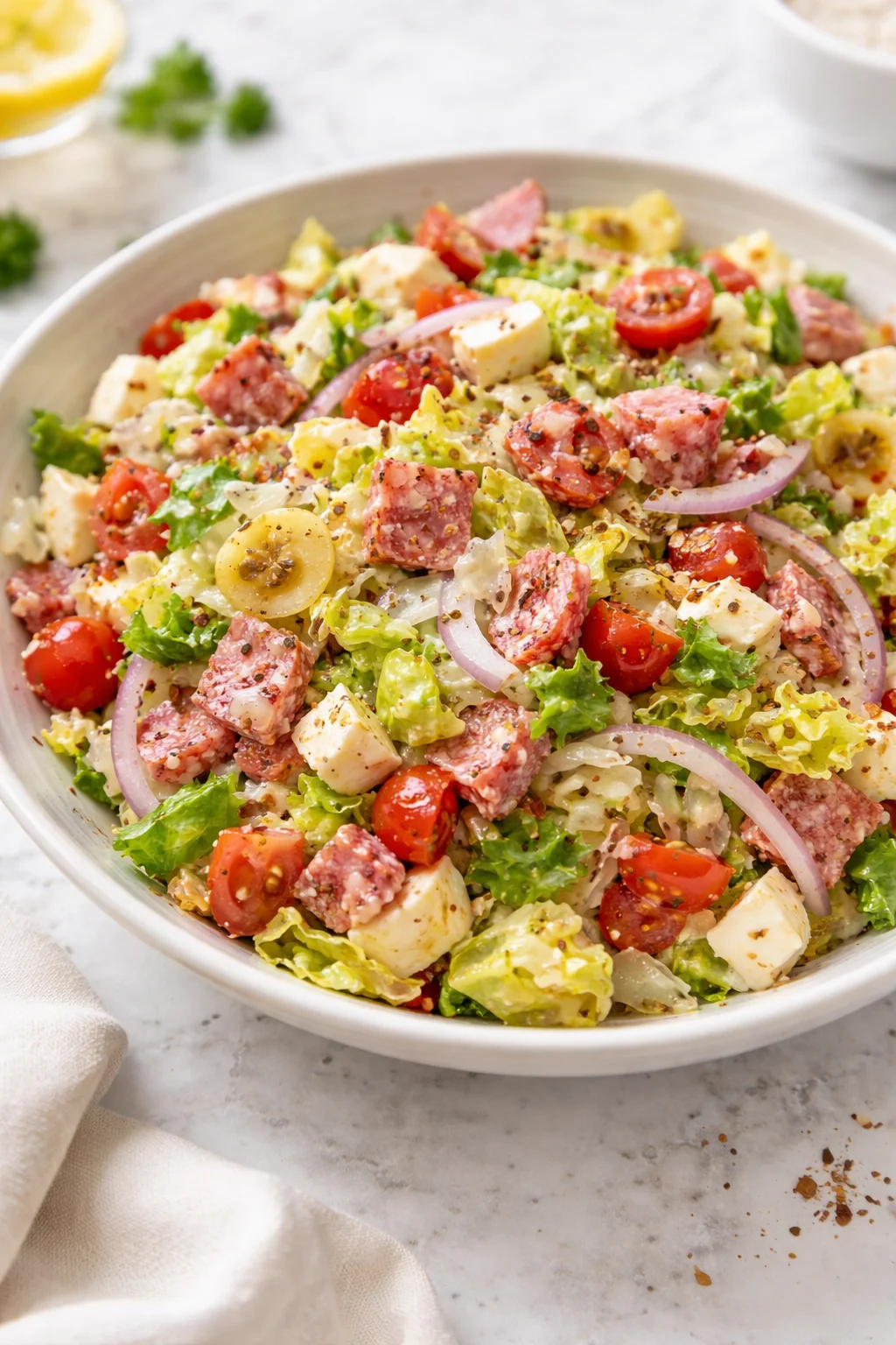 Italian Grinder Salad featuring fresh vegetables and herbs