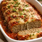Delicious homemade Italian Meatloaf garnished with herbs and tomatoes.