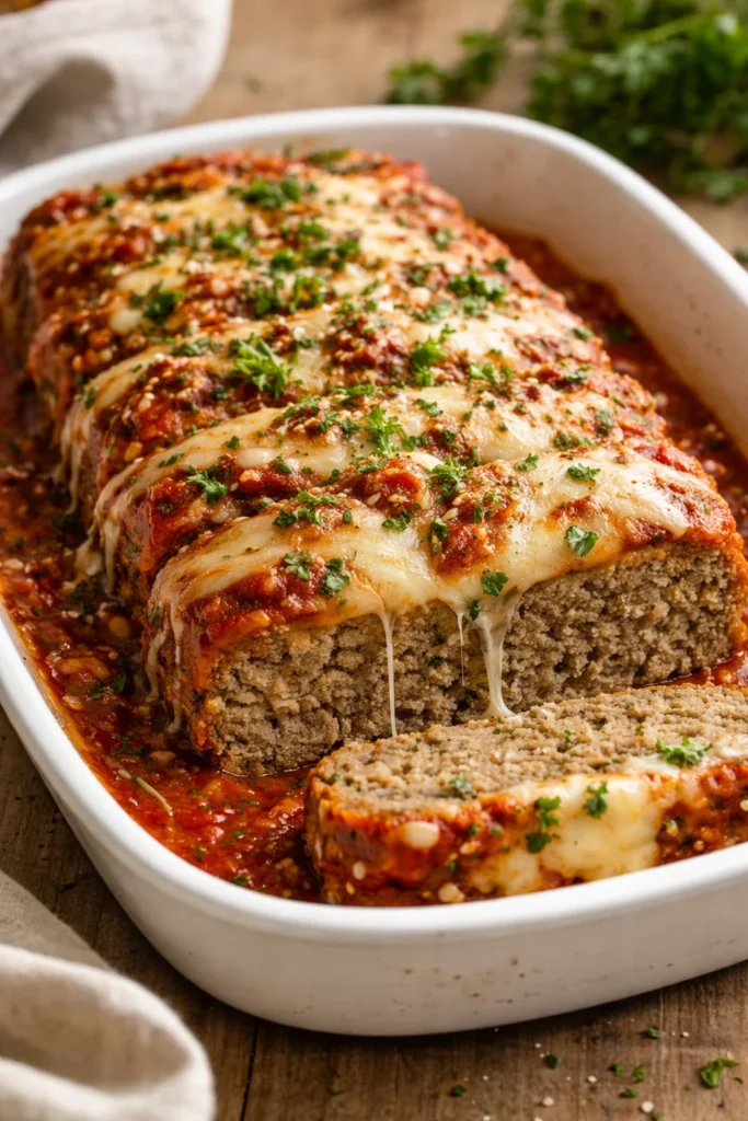 Delicious homemade Italian Meatloaf garnished with herbs and tomatoes.