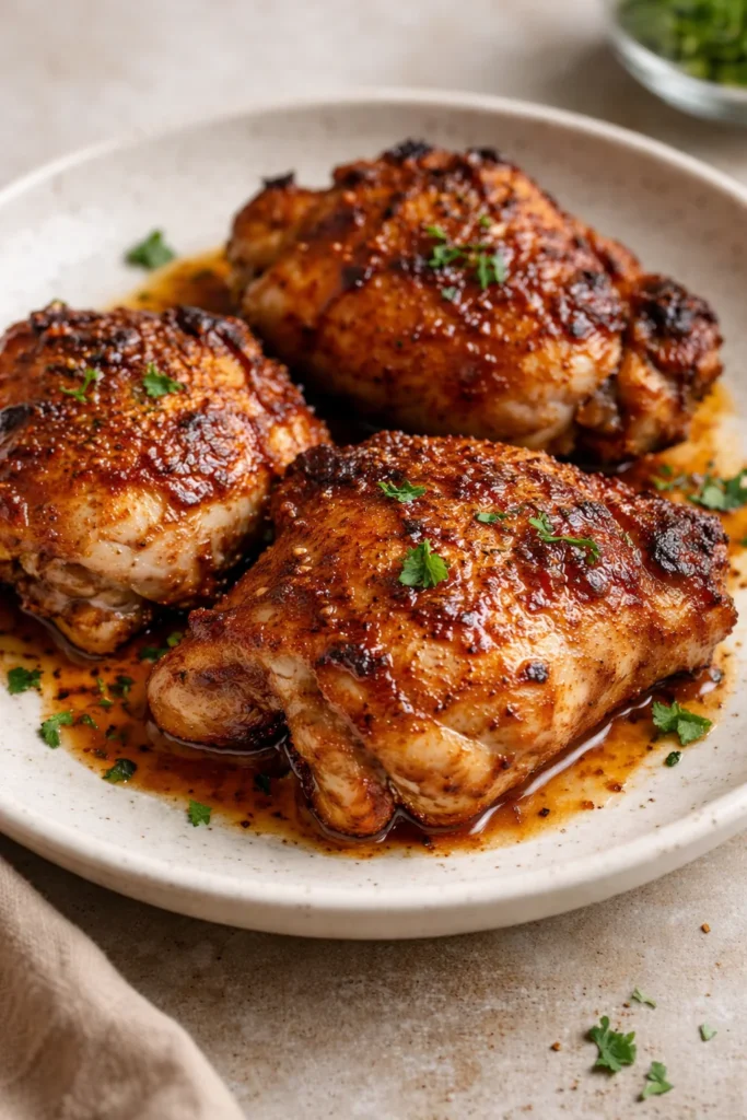 Juicy baked boneless chicken thighs fresh out of the oven