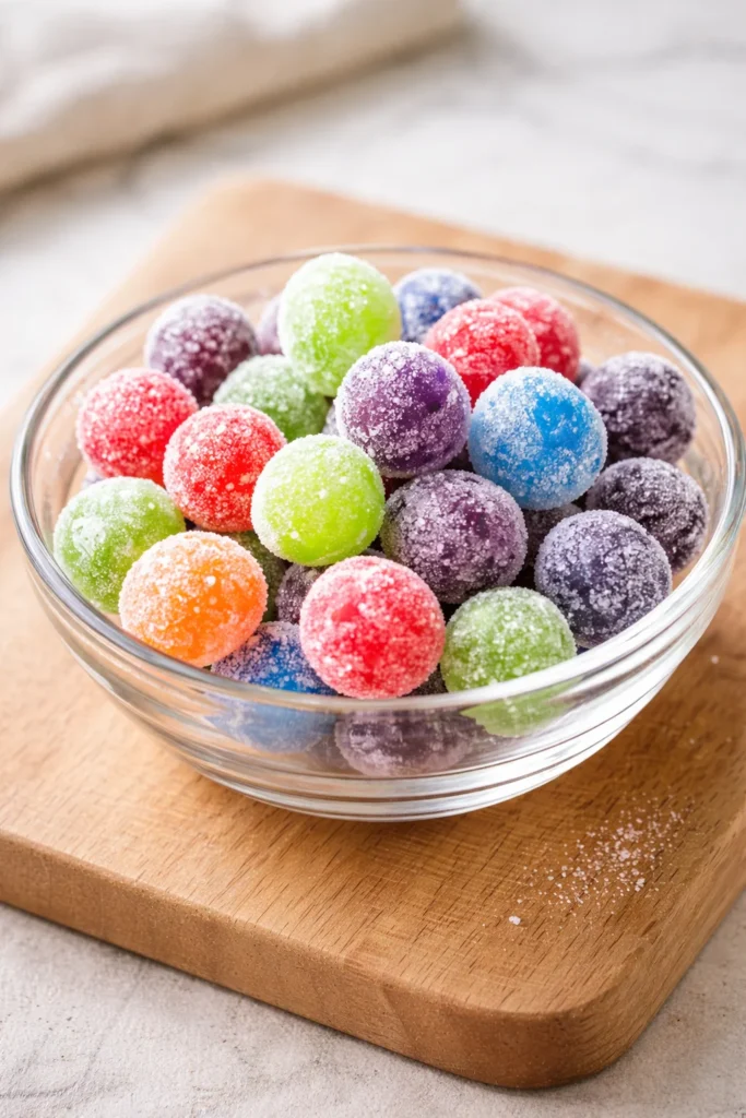 Bowl of colorful Kool-Aid Grapes coated in fruit-flavored powder