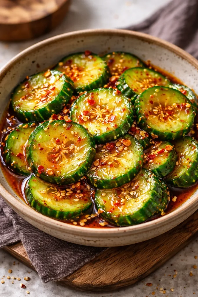 A vibrant bowl of Korean Cucumber Salad with fresh cucumbers and spices