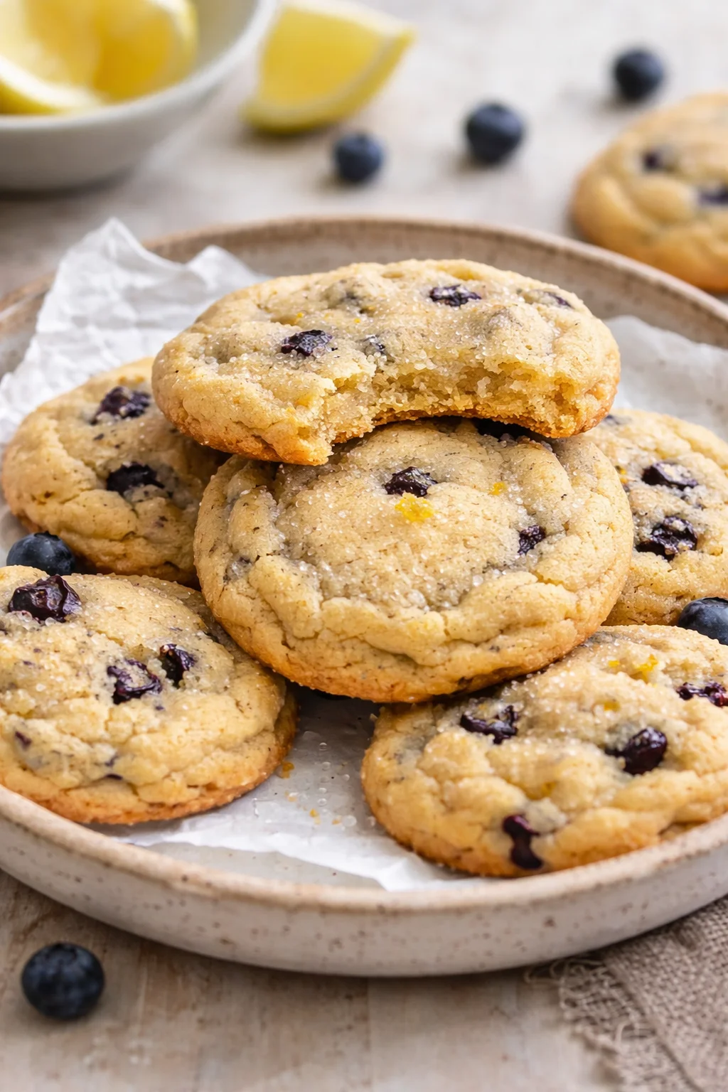 Freshly baked lemon blueberry cookies with zesty lemon and juicy blueberries