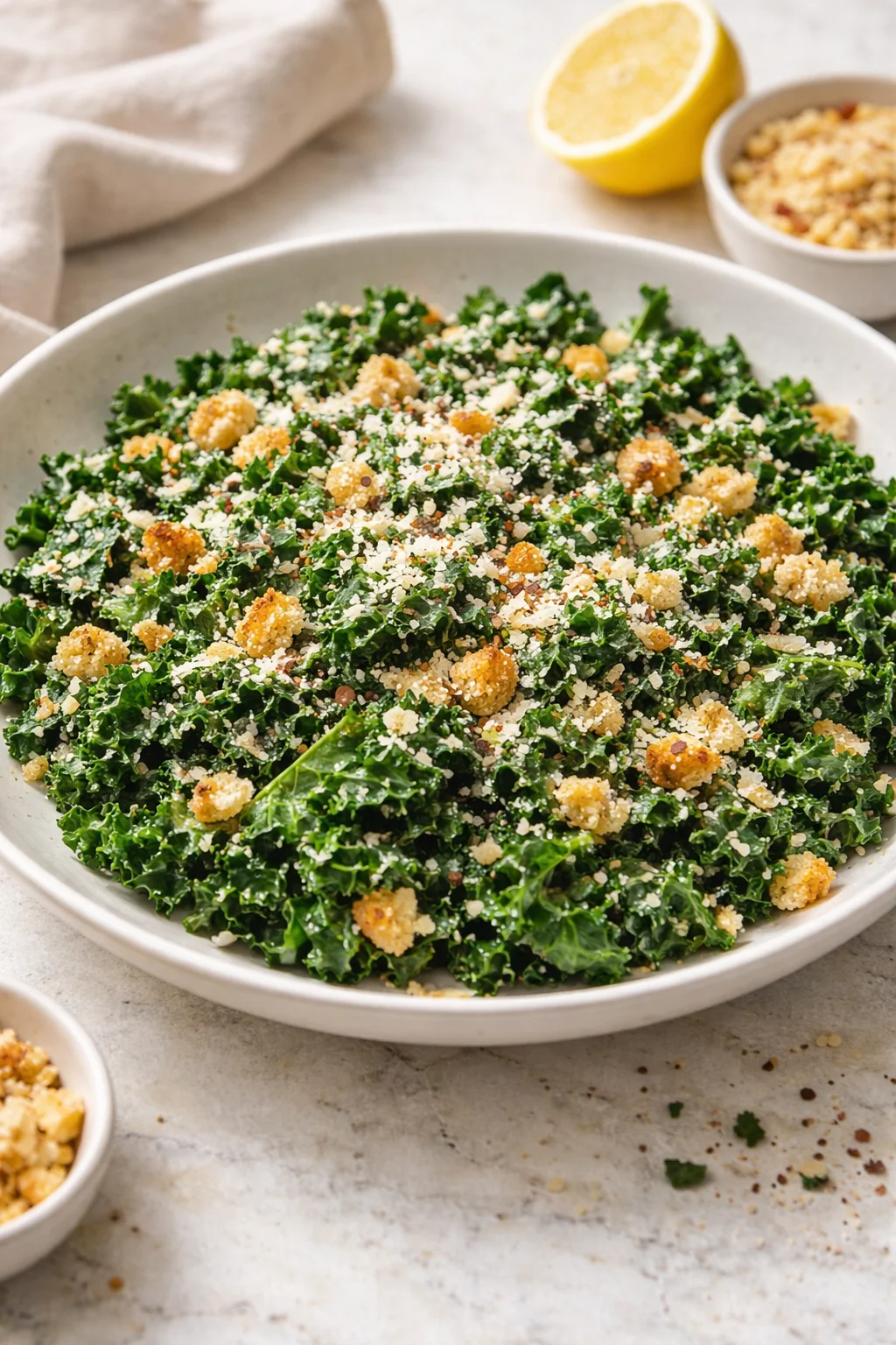 Lemon Parm Kale Salad with vibrant greens and fresh toppings