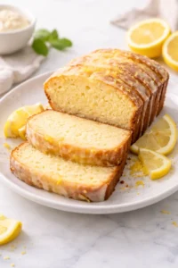 Lemon sourdough discard cake topped with fresh lemon slices and greenery.
