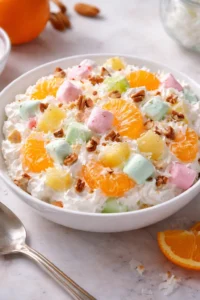 Colorful Marshmallow Ambrosia Fruit Salad with fresh fruits and fluffy marshmallows