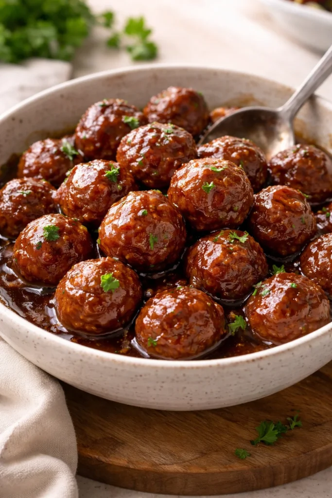 Delicious meatballs in grape jelly and chili sauce served on a platter.