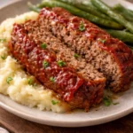 Homemade meatloaf served with mashed potatoes and green beans