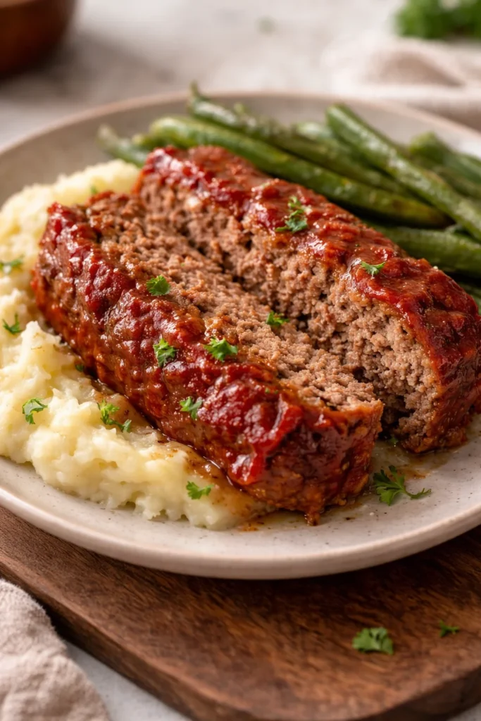 Homemade meatloaf served with mashed potatoes and green beans
