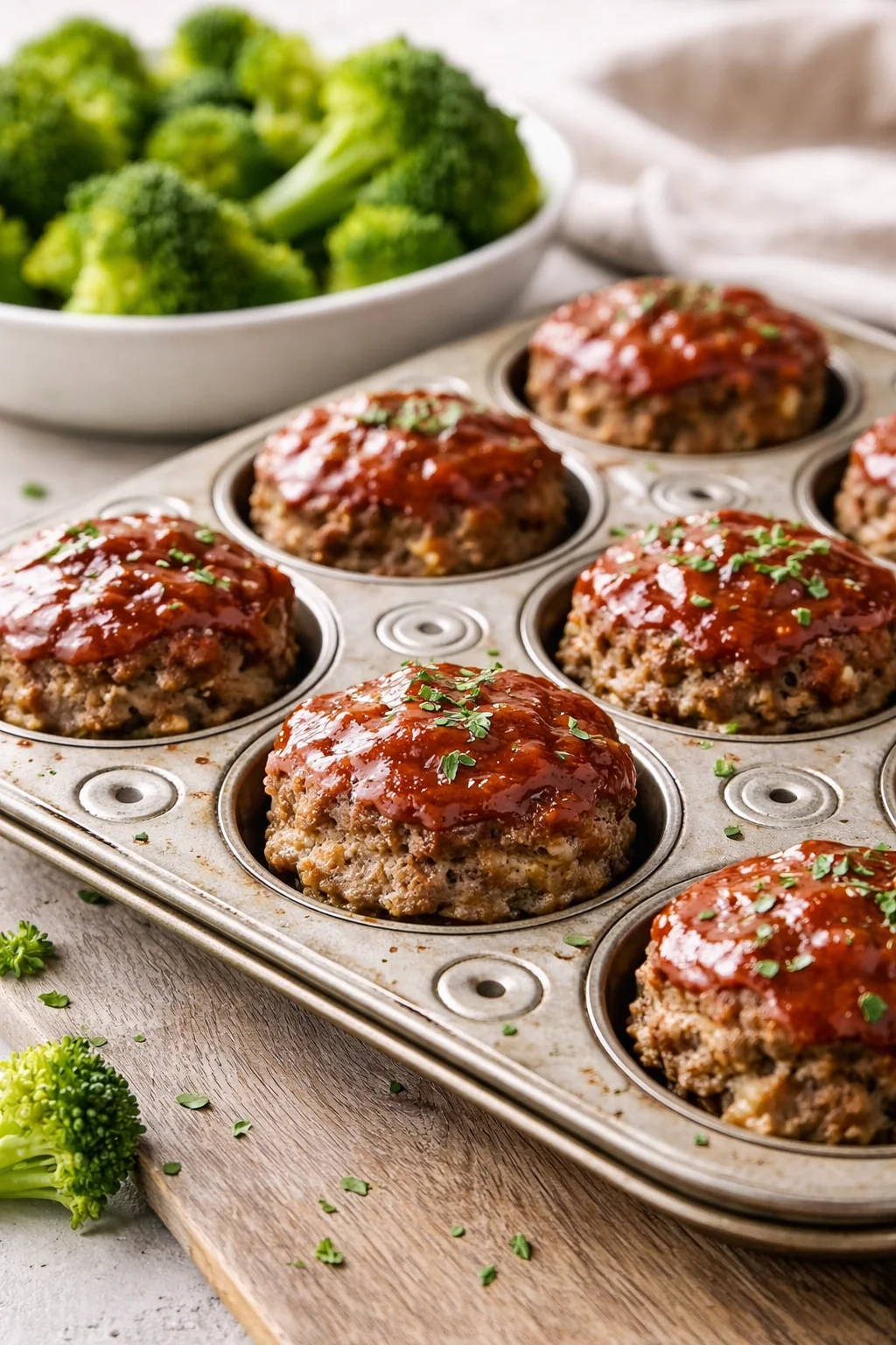 Delicious mini meatloaf served with vegetables on a white plate