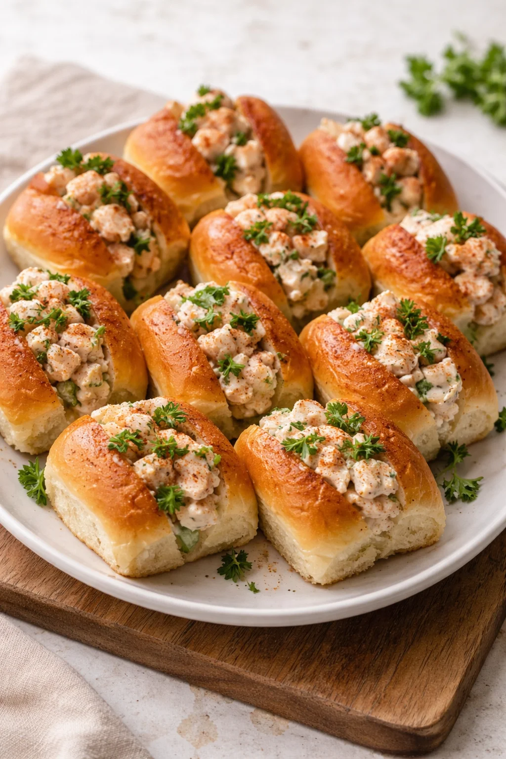 Mini shrimp rolls served on a plate with fresh herbs and dipping sauce