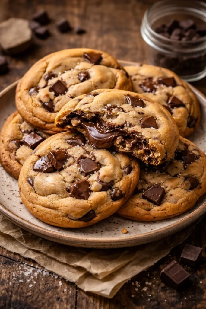 Nutella stuffed chocolate chip cookies baking on a tray