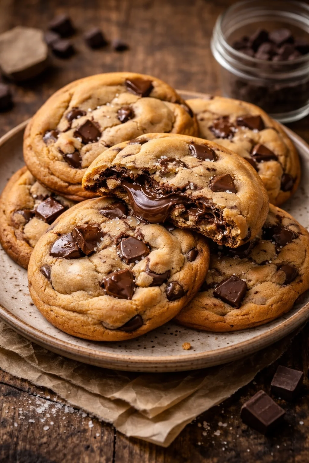 Nutella stuffed chocolate chip cookies baking on a tray
