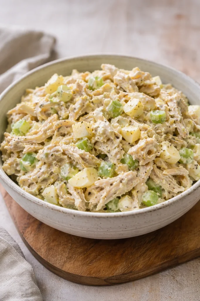 A bowl of Old Fashioned Chicken Salad with fresh ingredients