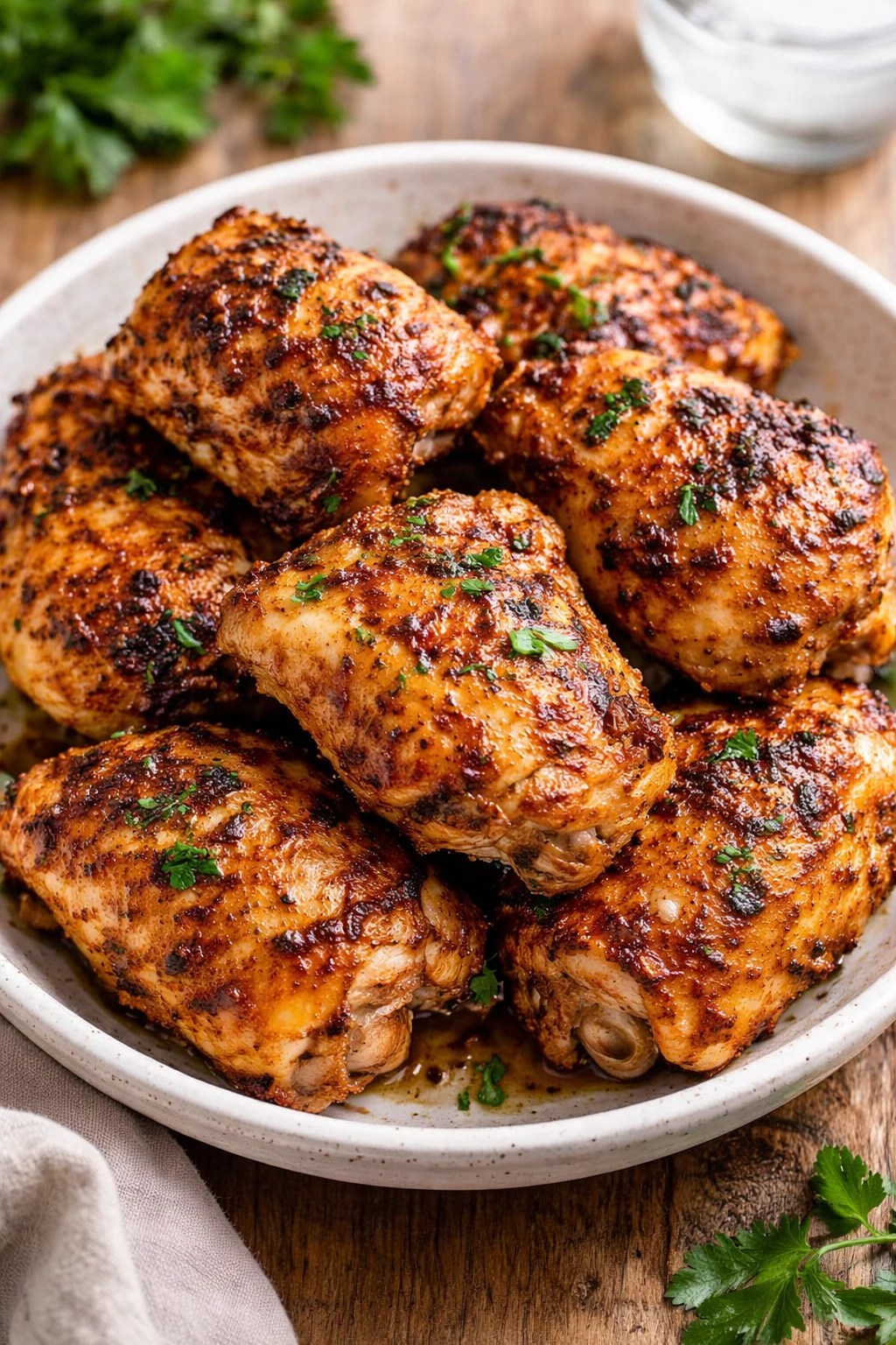 Delicious oven baked chicken thighs served with herbs and spices