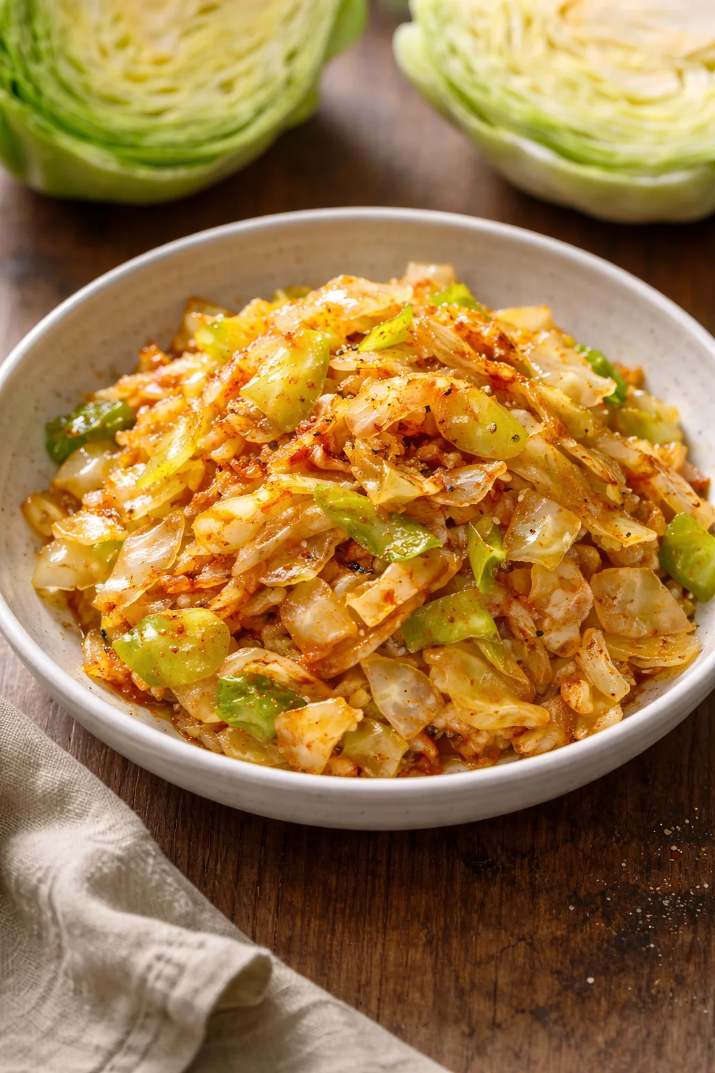 Dish of paprika sautéed cabbage served on a plate with fresh herbs
