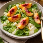 Peach Caprese Salad with Burrata featuring fresh peaches, mozzarella, and basil