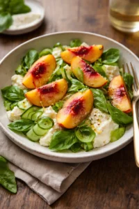 Peach Caprese Salad with Burrata featuring fresh peaches, mozzarella, and basil