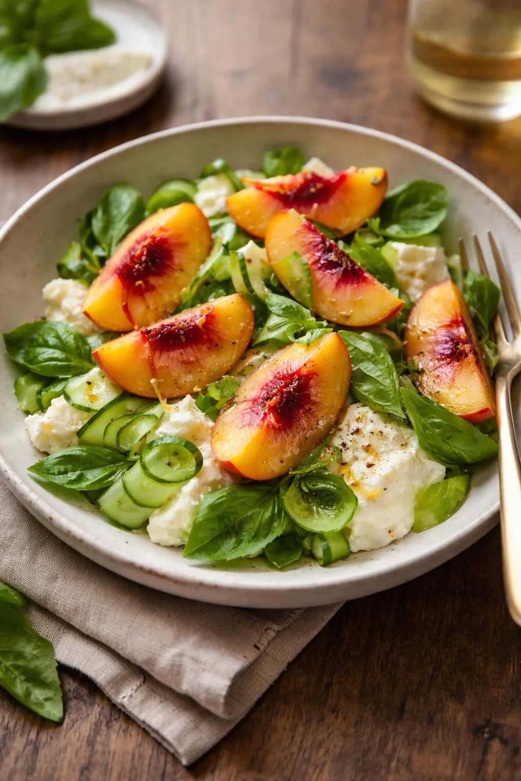 Peach Caprese Salad with Burrata featuring fresh peaches, mozzarella, and basil