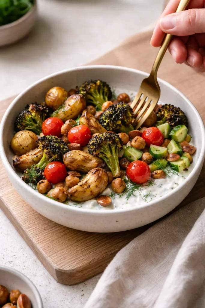 Colorful Plant-Based Mediterranean Bowl featuring fresh vegetables and grains