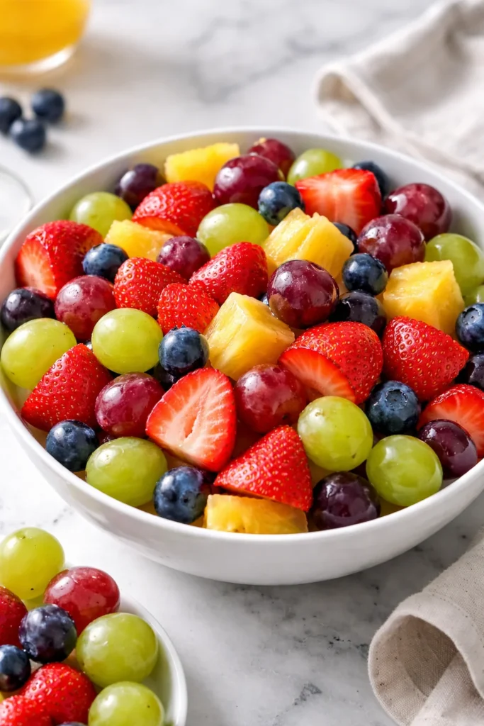 Colorful quick fruit salad featuring fresh berries, melons, and tropical fruits.