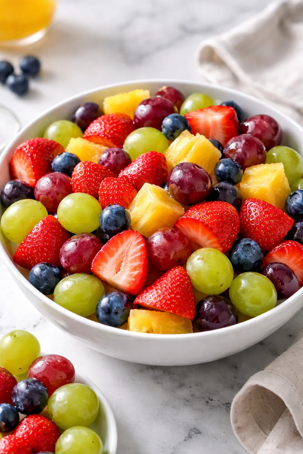 Colorful quick fruit salad featuring fresh berries, melons, and tropical fruits.