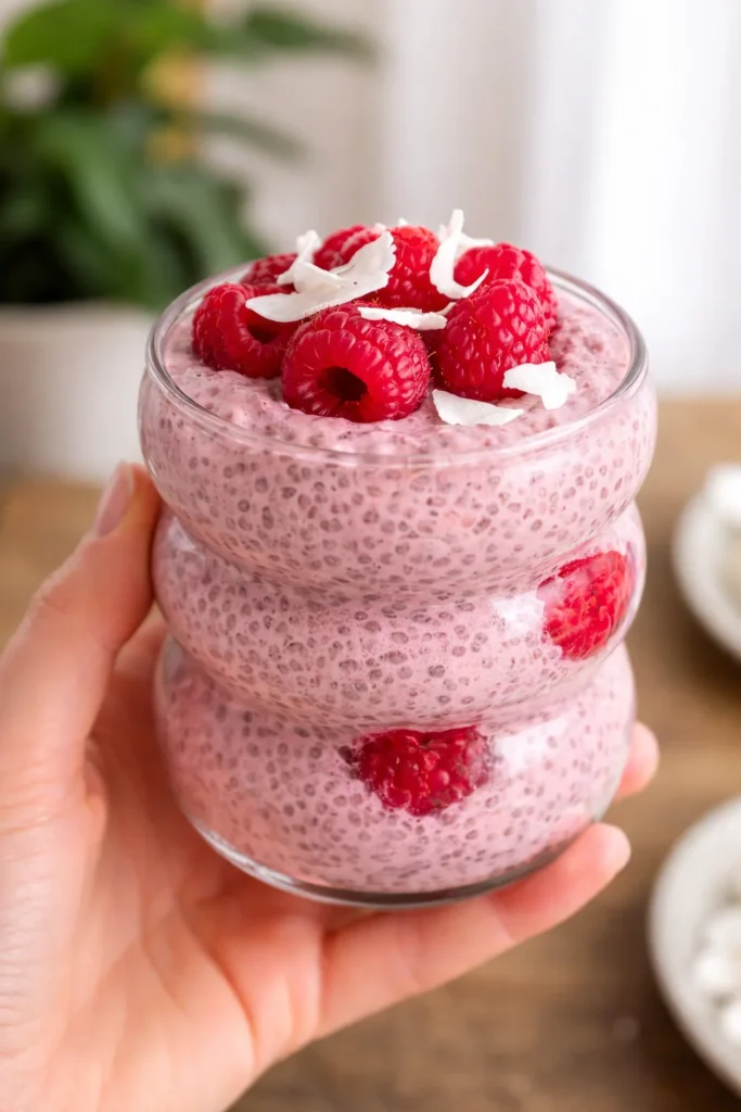 Delicious bowl of Raspberry Chia Pudding topped with fresh raspberries