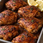 Juicy and crispy baked chicken thighs served on a plate