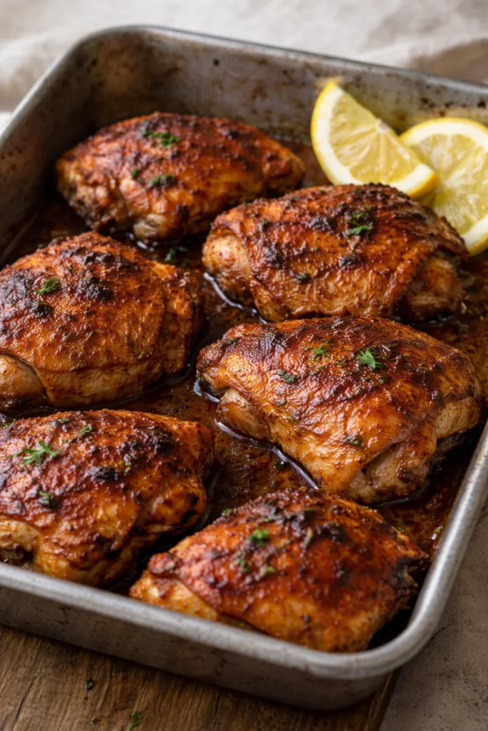 Juicy and crispy baked chicken thighs served on a plate