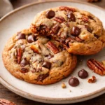 Delicious browned butter pecan chocolate chip cookies on a rustic wooden table.
