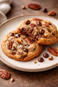 Delicious browned butter pecan chocolate chip cookies on a rustic wooden table.
