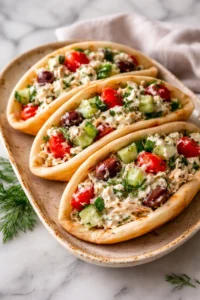 Bowl of Simple Tzatziki Rotisserie Chicken Salad with fresh ingredients.