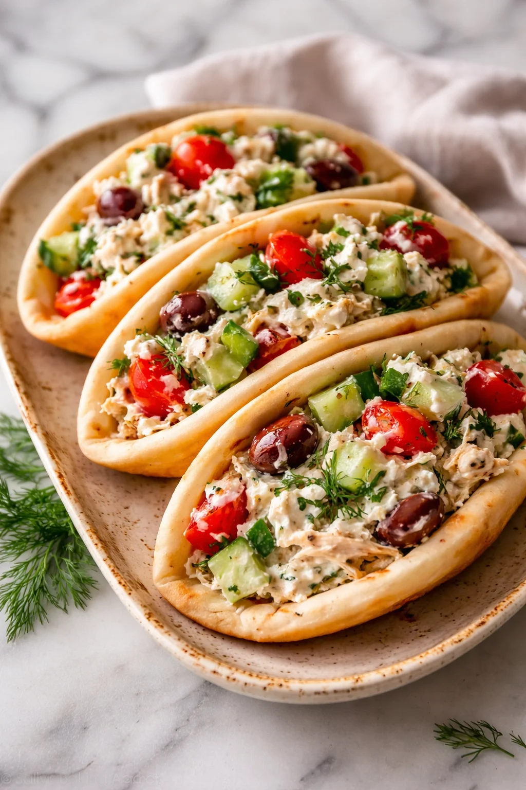 Bowl of Simple Tzatziki Rotisserie Chicken Salad with fresh ingredients.