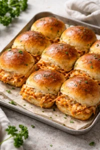 Delicious spicy Buffalo chicken sliders on a platter